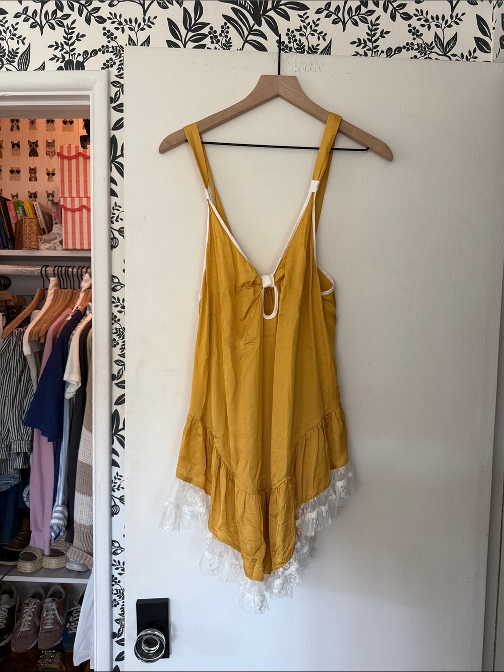 Satin Lace-Trim Romper in Mustard Yellow